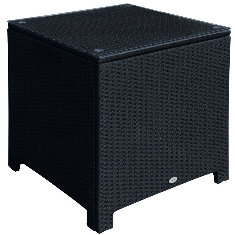 Outsunny Patio PE Rattan Side Table, Square Outdoor Coffee Table w/ Tempered Glass Top, Black