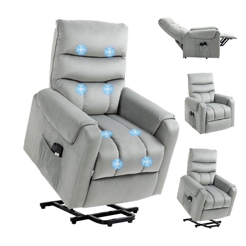HOMCOM Recliner Electric Power Lift Chair for Elderly with 8 Vibration Massage Points, Upholstered Reclining Chair with Remote Controls, Side Pockets, Grey
