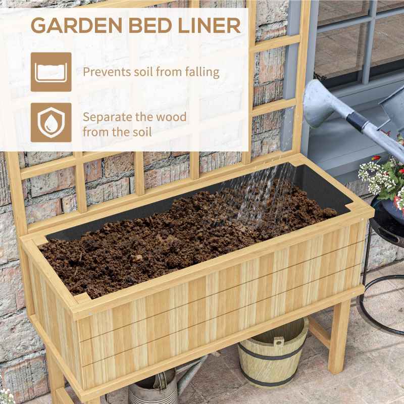 Outsunny Wooden Raised Planter with Trellis for Vine Climbing Plants, Elevated Garden Bed with Drainage Holes and Bed Liner for Vegetables, Flowers, Herbs, 105 x 45 x 140cm, Natural