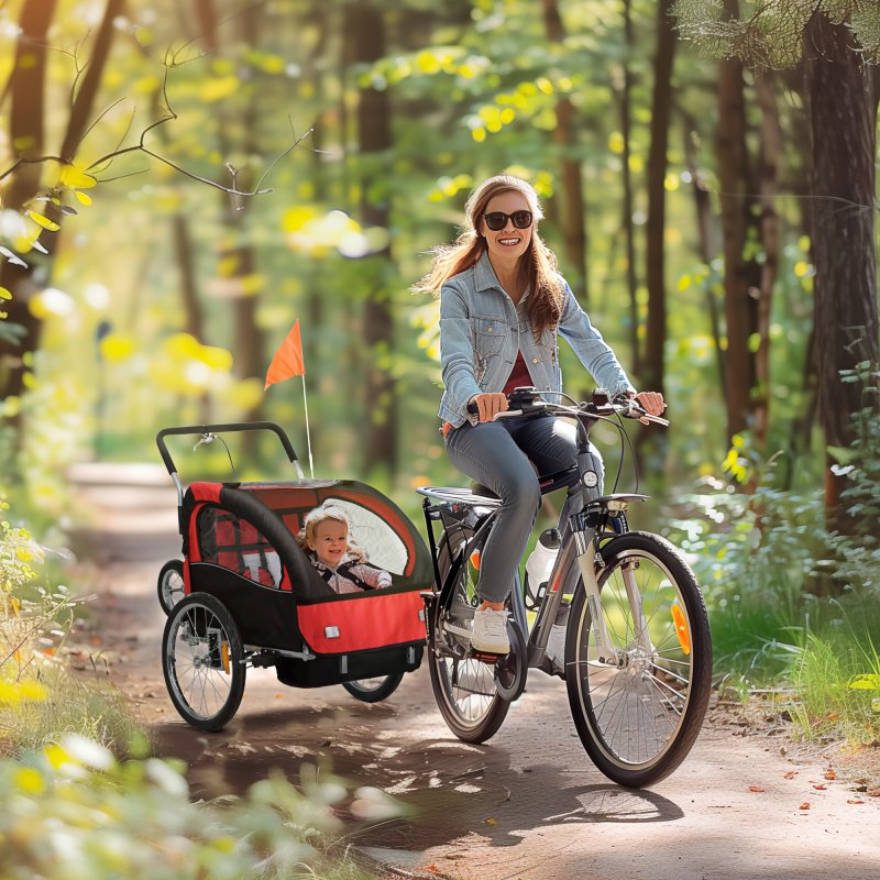 HOMCOM 2 Seat Bike Trailer for Kids, Baby Bike Stroller with 5 Point Harness, Child Bicycle Trailer with Safety Flag, Reflectors, Windproof Curtain, for 18+ Months, Red