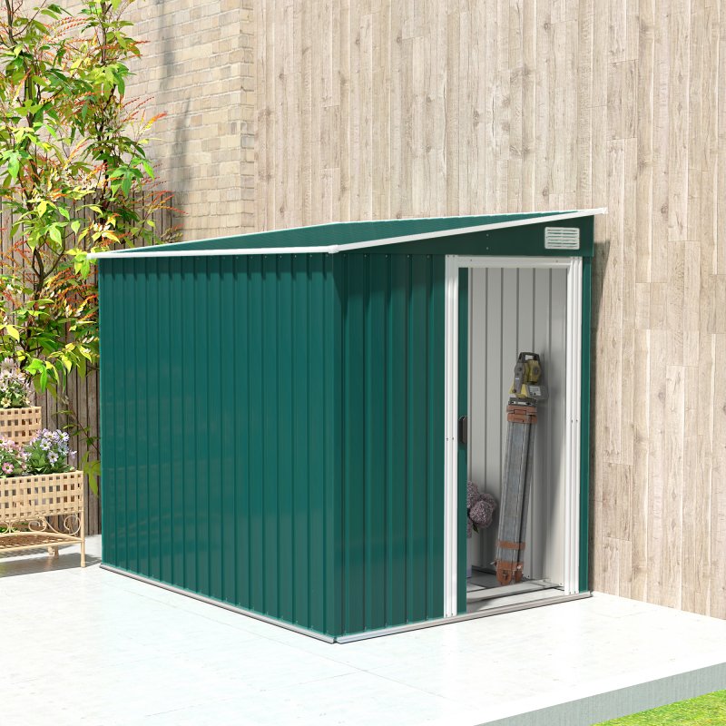 Outsunny 7 x 5ft Galvanised Metal Garden Shed with Foundation, Lean to Shed, Tool Storage House with Sliding Doors, 2 Vents, Adjustable Shelves and Hooks, Green