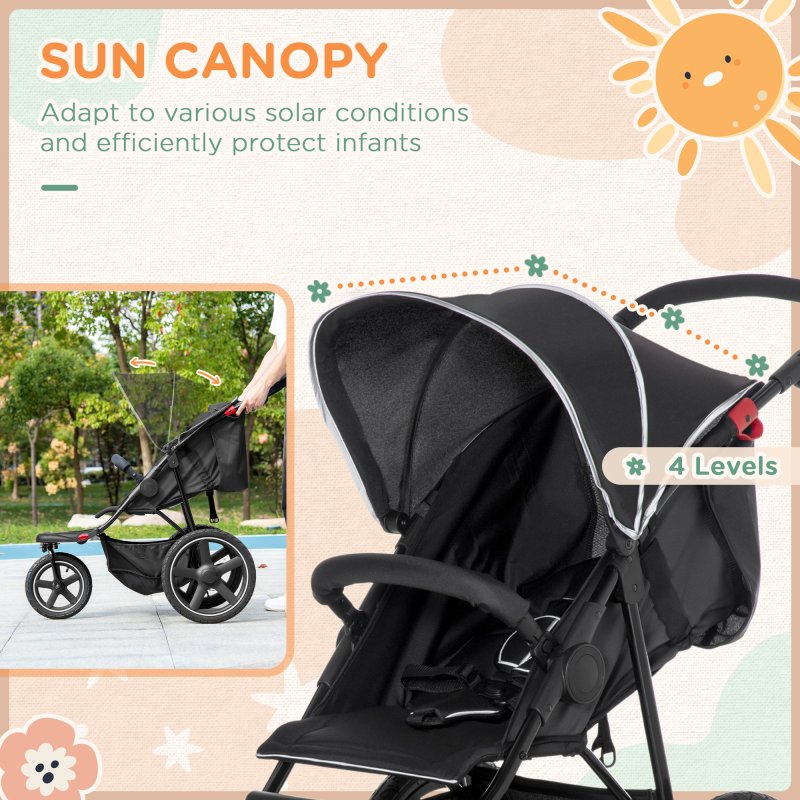 HOMCOM Baby Stroller Pushchairs 2 in 1 Lightweight Travel Pram Buggy Foldable with Reversible Seat, Fully Reclining Backrest, from 0 to 3 Years, 0 to15kg - Black