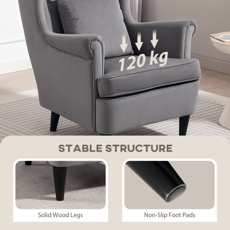 HOMCOM Modern Accent Chair, Upholstered Wingback Armchair with High Backrest and Pillow, Velvet-Feel Fabric Reading Chair with Solid Wood Legs for Living Room, Bedroom, Home Office, Dark Grey