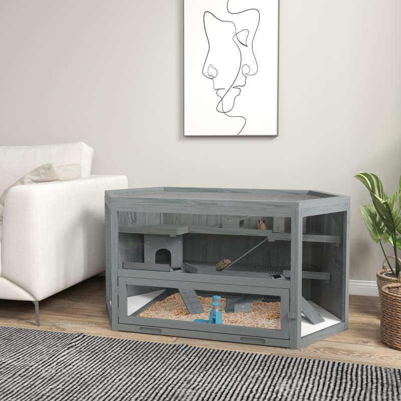 PawHut Wooden Large Hamster Cage Small Animal Exercise Play House 3 Tier with Sliding Tray, Seesaws, Water Bottle, Grey