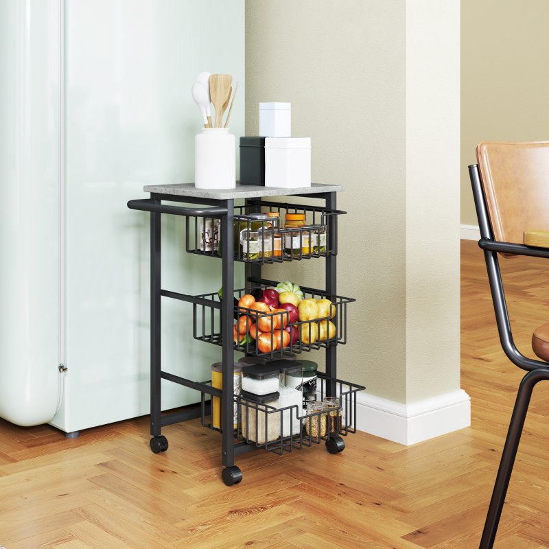 HOMCOM 3-Tier Kitchen Island on Wheels, Rolling Kitchen Storage Trolley with 3 Pull-Out Mesh Baskets, Mobile Utility Serving Cart, Light Grey