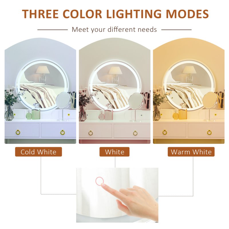 HOMCOM Dressing Table Set with Mirror, Built-in 3 Color LED Light, Vanity Makeup Table with 4 Drawers and Cushioned Stool for Bedroom, White
