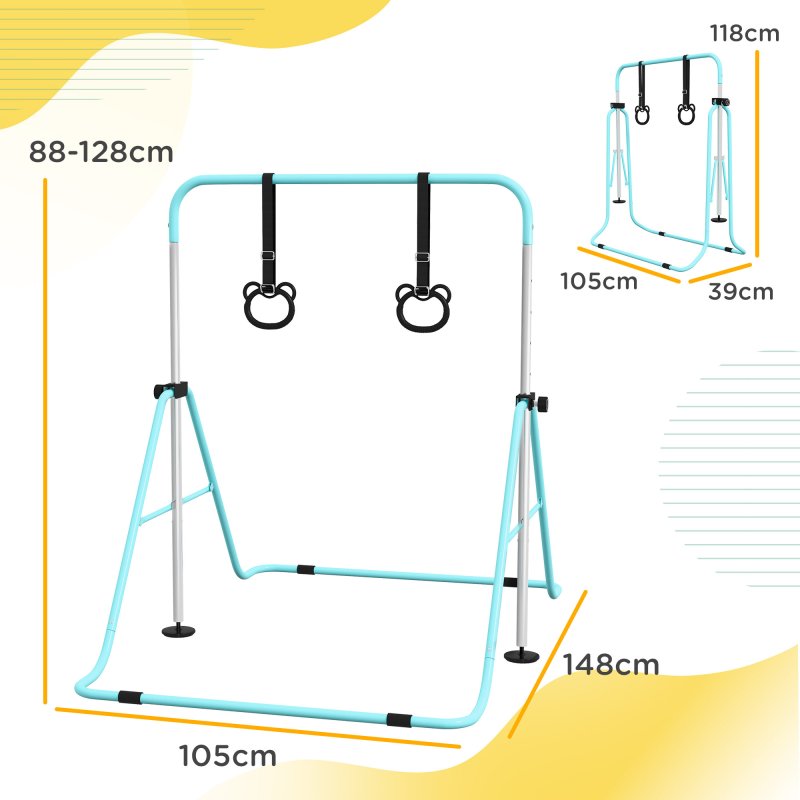 HOMCOM Kids Gymnastics Bar, Horizontal Bar for Kids, Adjustable Height Folding Gymnastics Equipment with Gymnastic Rings, Non-slip Rubber Floor Rings, for Home, Flat, Green