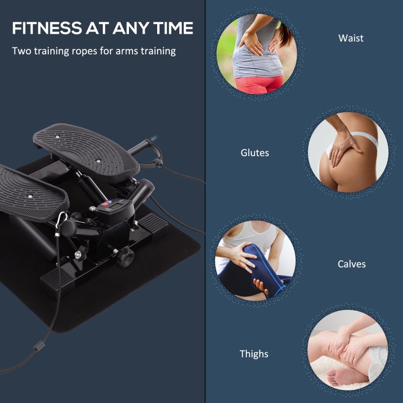 HOMCOM Portable Mini Stepper, Exercise Fitness Machine for Legs Arms Thigh Toner Toning Machine, Stair Steps Workout Training Fitness, w/ Resistance Bands and Floor Mat, Black