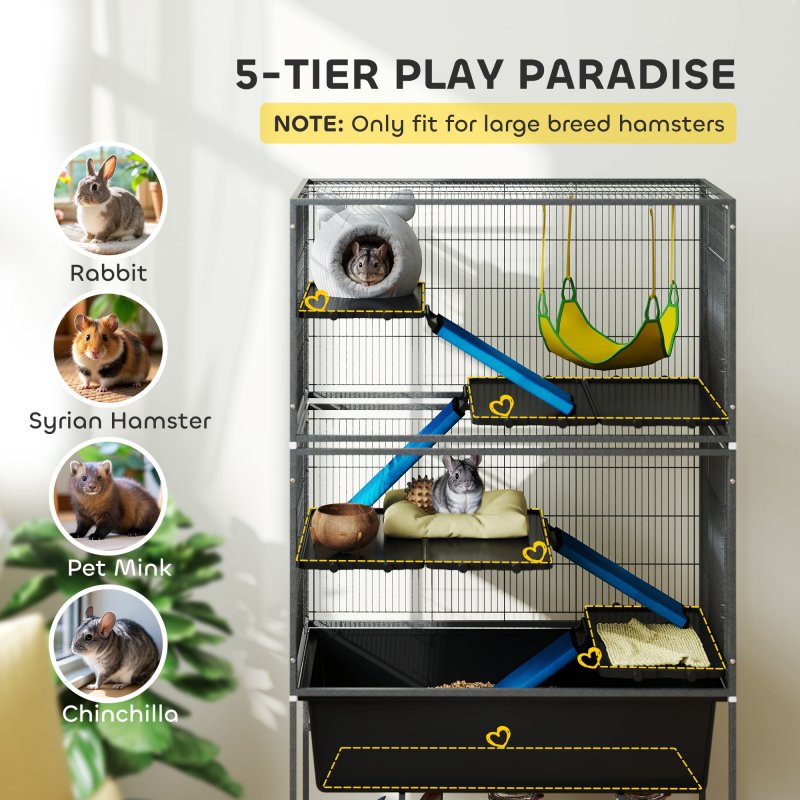 PawHut 5 Levels Rabbit Cage, Rolling Rat Cage with Slide Out 16cm Deep Tray, Non Slip Cloth Covered Ramps, Hammock, for Bunny, Pet Mink, Chinchillas, Squirrel, 88 x 48 x 150.5cm, Dark Grey
