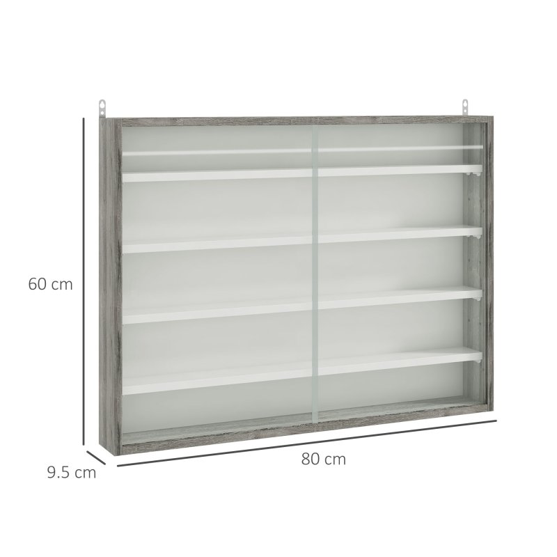 HOMCOM 5-Tier Wall Mounted Display Cabinet, Display Case with 4 Adjustable Shelves, Glass Doors for Home Office Ornaments 60x80cm, Grey Wood Grain