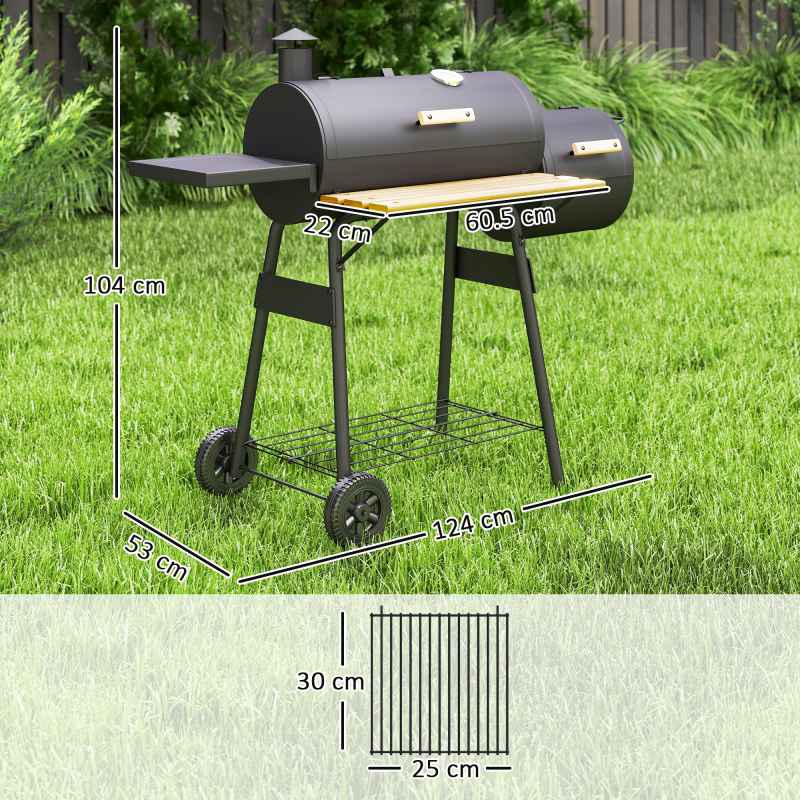 Outsunny Charcoal Barbecue Grill with Offset Smoker, Barrel BBQ Trolley with 3 Storage Shelves & Thermometer for Outdoor Garden Camping Picnic Cooking, Black