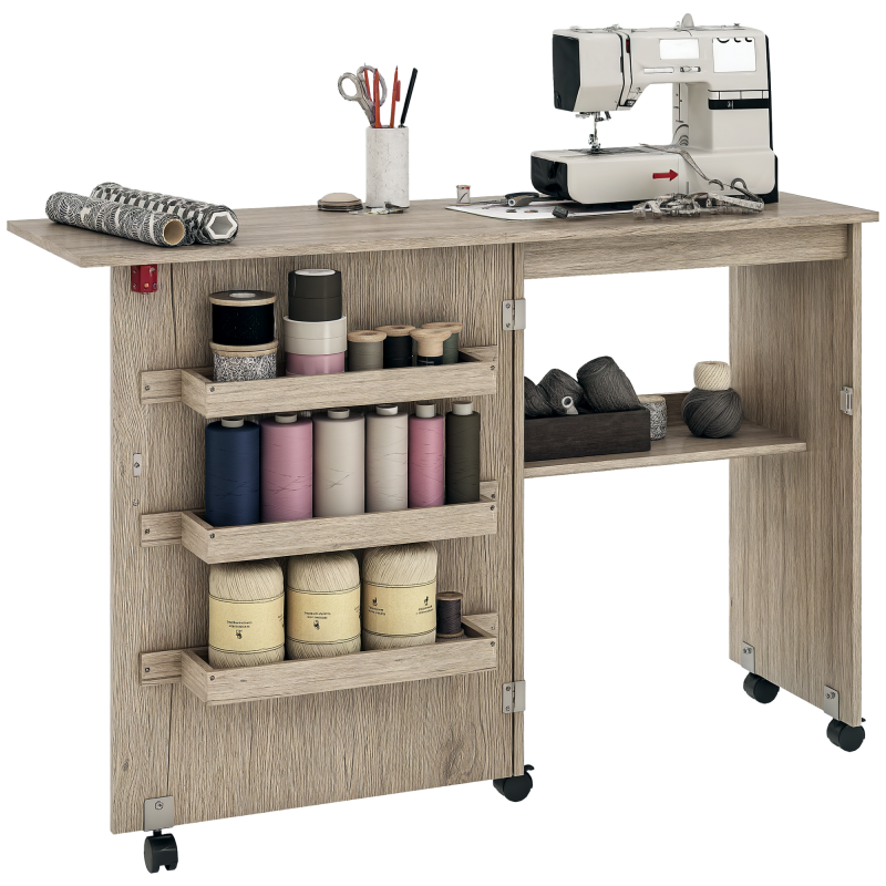 HOMCOM Folding Sewing Table, Drop Leaf Craft Table with Storage Bins, Open Shelf and Wheels, Rolling Sewing Machine Cabinet Computer Desk for Small Space, Grey