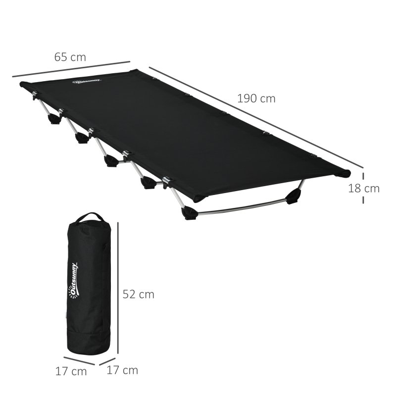 Outsunny Lightweight Camping Bed, Aluminium Portable Camp Cot Sleeping Bed w/ Strong Support 150kg and Carry Bag for Outdoor Overnighter Camping, Hiking, Travel, RV, Black
