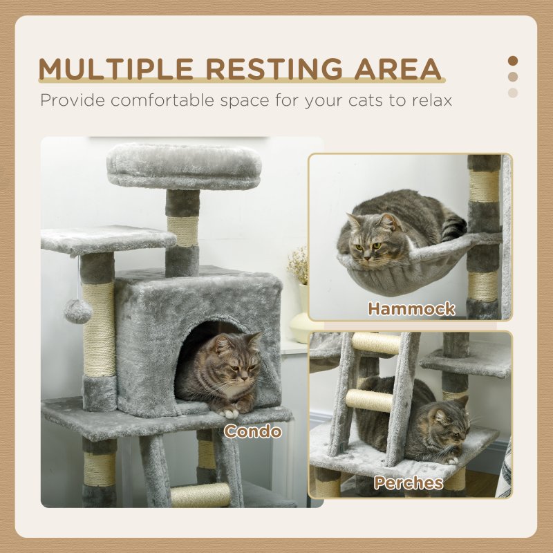 PawHut 132cm Cat Tree for Large Cats, Cat Activity Centre with Scratching Posts, Hammock, Cat House, Bed, Perches, Ladder, for Indoor Use - Grey