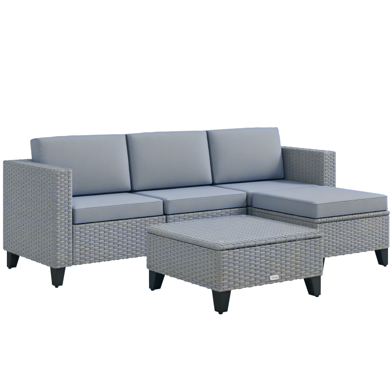 Outsunny 5 Pieces PE Rattan Garden Furniture Set, 4 Seater Garden Corner Sofa Set with Glass Coffee Table, Wicker Outdoor Furniture Set with Cushions for Patio Deck, Grey