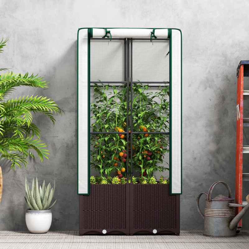 Outsunny Raised Garden Bed with Trellis, Plastic Planter Box with PE Cover, Drainage Holes, Drain Plugs and Water Reservoirs for Climbing Plants, Vegetables, Flowers, 80 x 40 x 140 cm