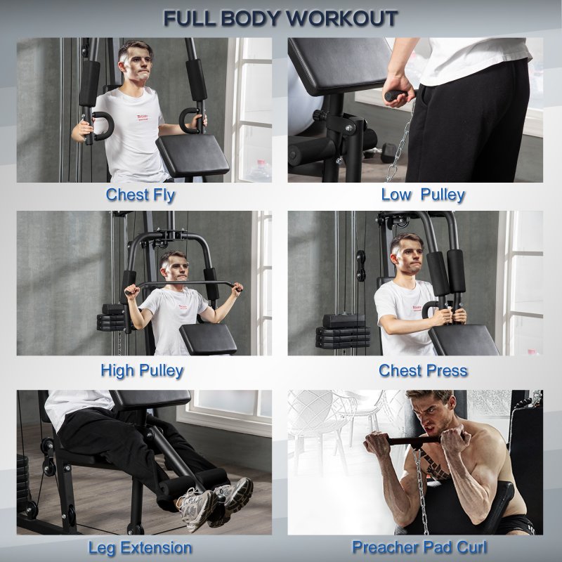 HOMCOM Multi Gym Equipment, Multifunction Home Gym Machine with 45kg Weight Stack, for Lat Pulldown, Leg Extensions, Preacher Bicep Curls, Triceps Pulldowns, Chest Press, Strength Training