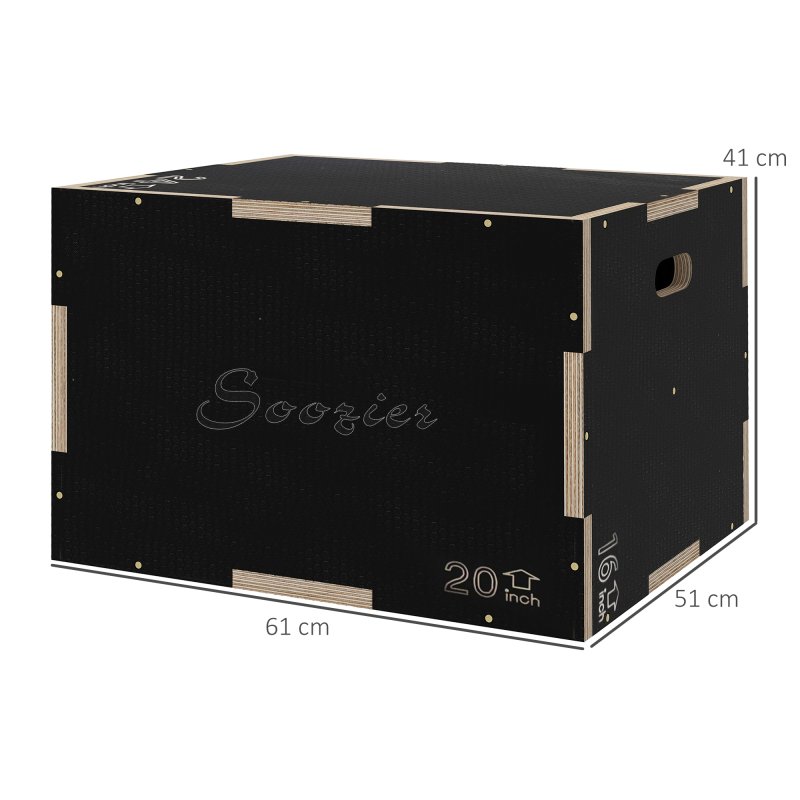 SPORTNOW 3-in-1 Wooden Plyo Box, Anti-Slip Plyometric Jump Platform, Step Up Exercise Box with Handle Openings for Home Gym, Workout Training, 41/51/61cm