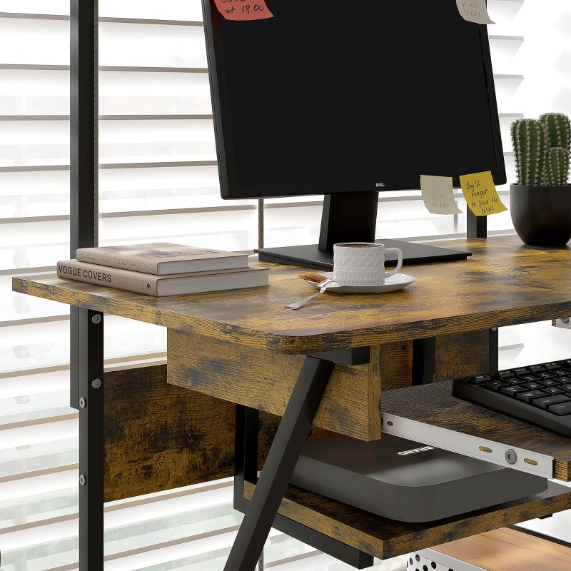 HOMCOM Mobile Computer Desk with Keyboard Tray, Rolling Study Table with Storage Shelves and Wheels, Industrial Writing Desk for Home Office, 80 x 50 x 130cm, Rustic Brown