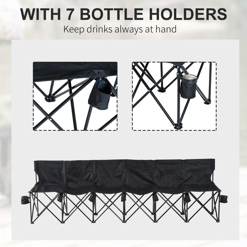 Outsunny 6 Seater Folding Bench, Outdoor Camping Chair Portable Sports Spectator Chair with Metal Frame, Cup Holder & Carry Bag, Black