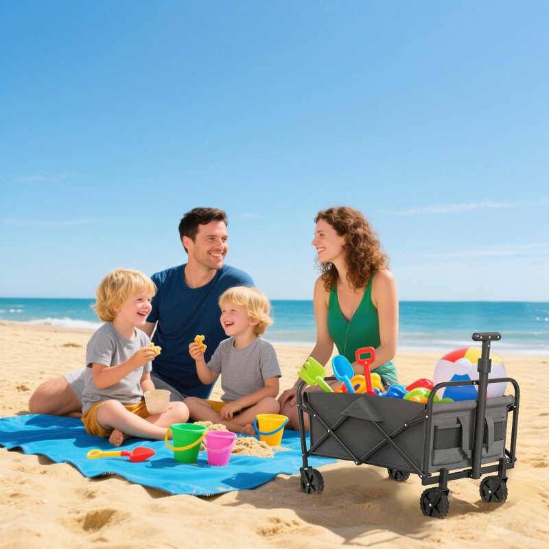 Outsunny 62L Festival Trolley on Wheels, Garden Folding Trolley Cart, 120kg Heavy Duty Collapsible Folding Wagon with Adjustable Handle and Carrying Bag for Beach, Camping, Festival, Grey