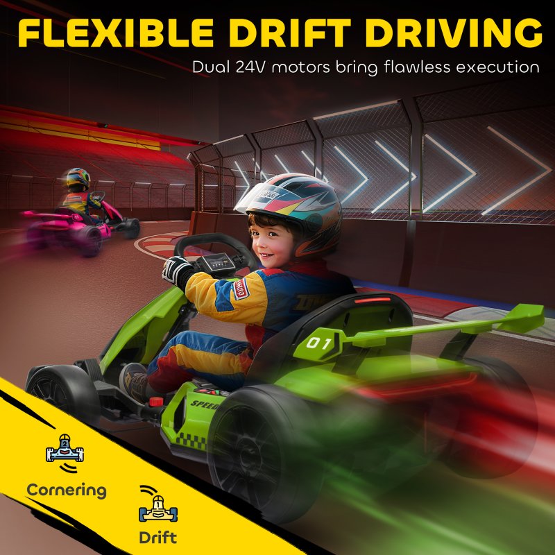 HOMCOM 24V Electric Go Kart for Kids, Ride On Racing Kart with Adjustable Seat, Battery Powered Drifting Ride On Car with Music, Light, Slow Start, Button Start, Horn, for 6-12 Years, Green