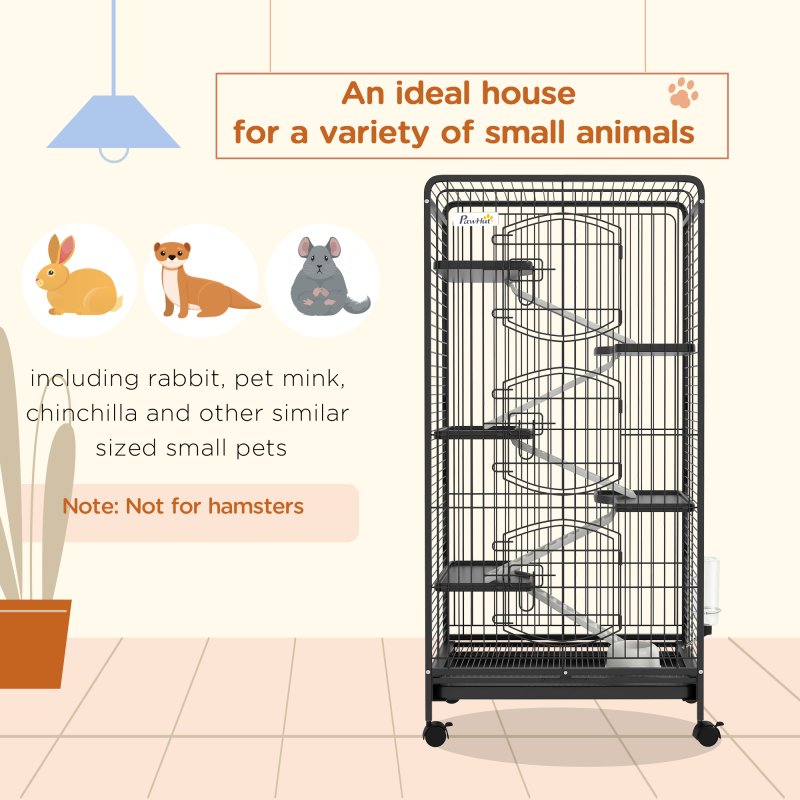 PawHut Ferret Cage Small Animal Cage 6 Levels with Bowl, Water Bottle, Wheels, Rolling Pet Cage for Bunnies Chinchillas, Squirrels, 131cm - Black