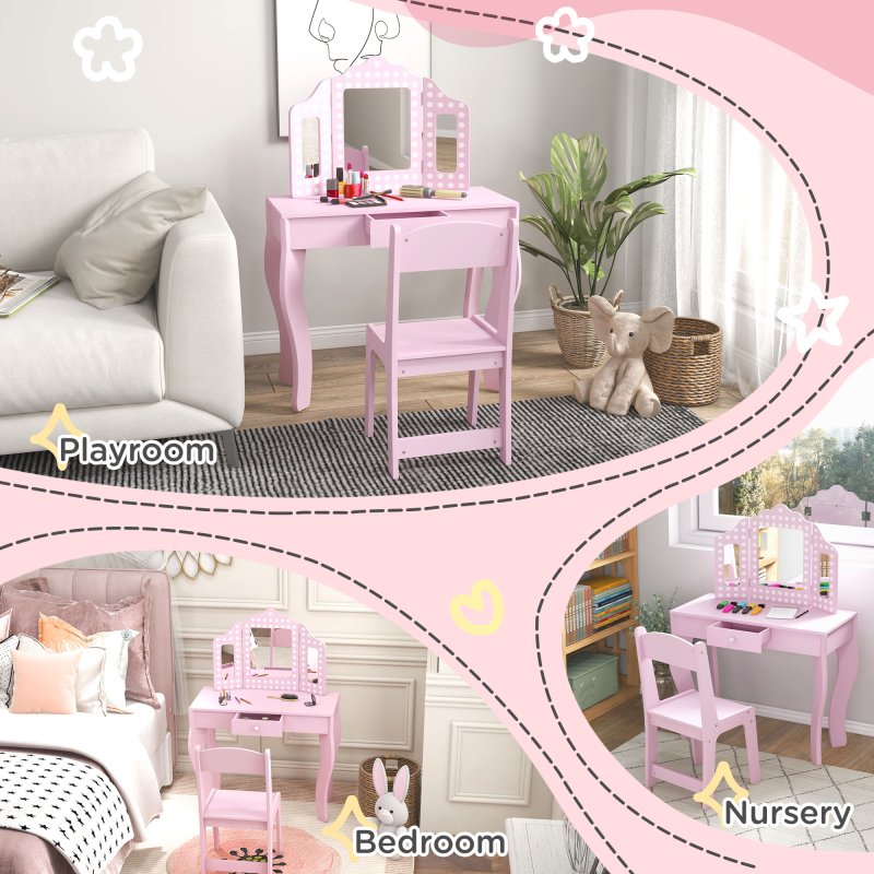 AIYAPLAY Kids Dressing Table with Tri-Fold Mirror and Stool, Kids Vanity Table, Girls Make up Desk with Drawer, for Aged 3-8 Years Old - Pink