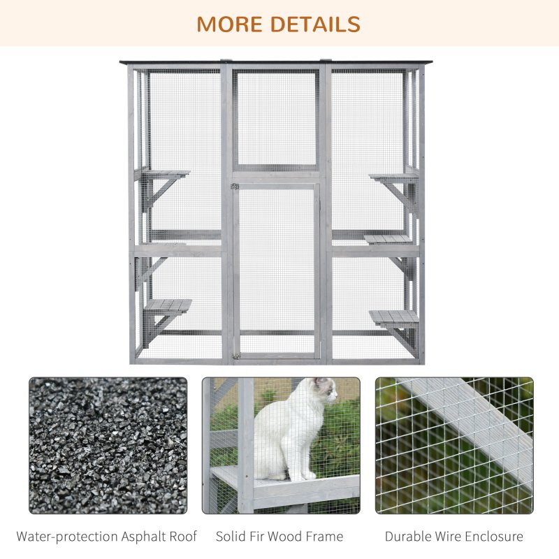 PawHut Large Outdoor Cat House, Walk-in Cat Enclosure, Wooden Catio with 6 Jumping Platforms, Waterproof Asphalt Roof