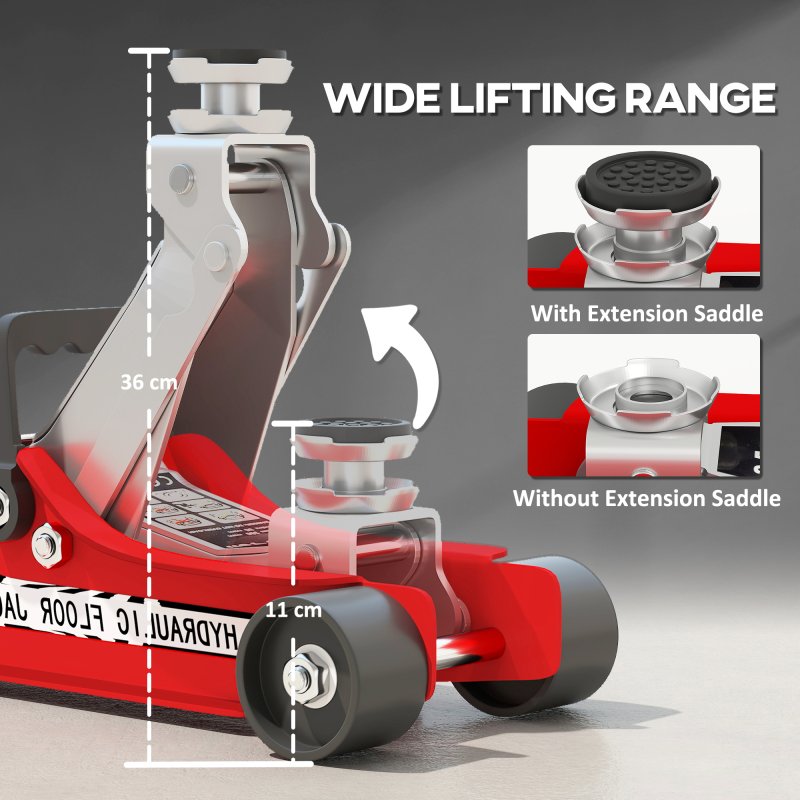 HOMCOM Hydraulic Low Profile Floor Jack, 2.5 Tonne Heavy Duty Steel Trolley Car Jack Lift with 80-360 mm Lifting Range, Wheels, Top Handle, Red