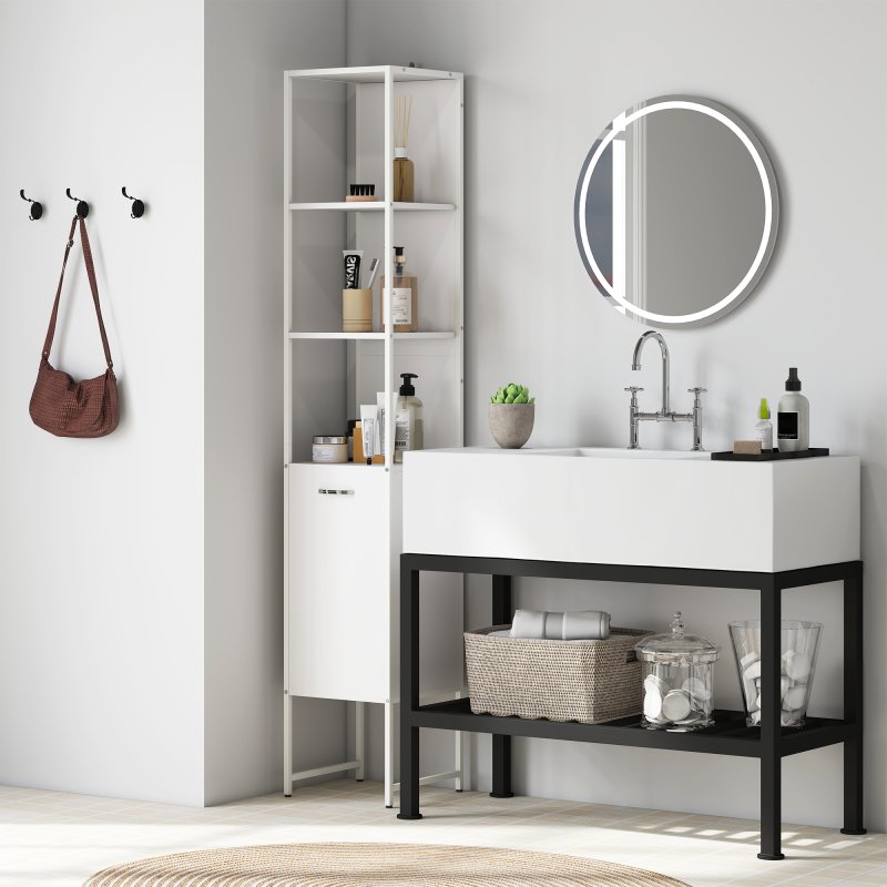 HOMCOM Tall Bathroom Cabinet, Slim Bathroom Storage Cabinet with 3 Open Shelves and Adjustable Shelf, Freestanding Storage Cupboard, 33 x 33 x 185 cm