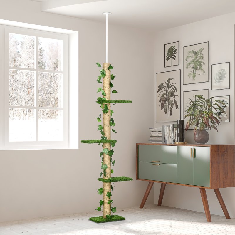 PawHut 242cm Floor to Ceiling Cat Tree for Indoor Cats with Leaves, Height Adjustable Cat Climbing Tower with Scratching Post, Anti-Slip Kit - Green