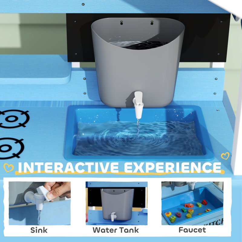 AIYAPLAY Kids Mud Kitchen, Outdoor Play Kitchen with Stoves, Sink, Faucet, Storage Shelves, Cookware Accessories, Pretend Wooden Kitchen Playset for Boys Girls, Blue