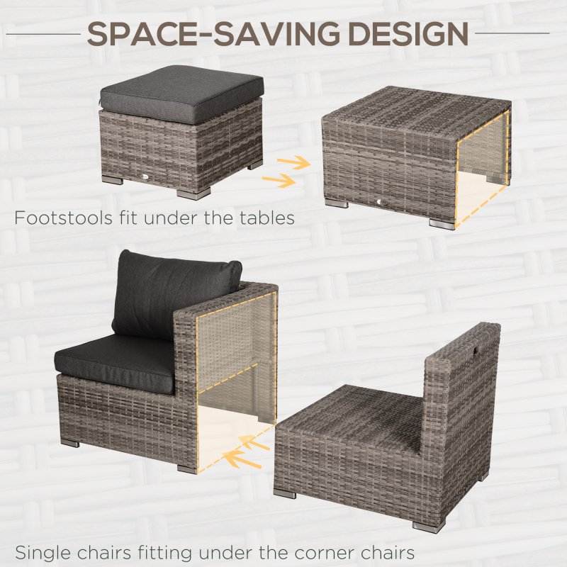 Outsunny 8 Pieces Rattan Garden Furniture Set, Garden Corner Sofa Set with 4 Chairs, 2 Footstools, 2 Coffee Tables and Cushions, Space-Saving Design, No Assembly Required, Grey
