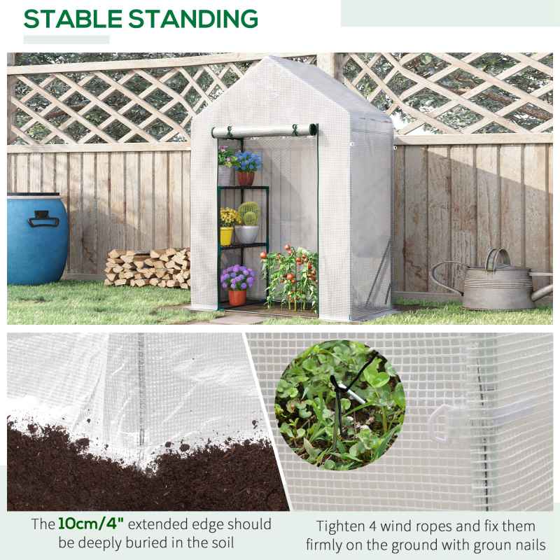 Outsunny Walk In Greenhouse with 2 Tier Shelf, Portable Gardening Plant Grow House Tomato Greenhouse with Roll up Zip Panel Door, Reinforced PE Cover, 143 x 73 x 195cm, Green