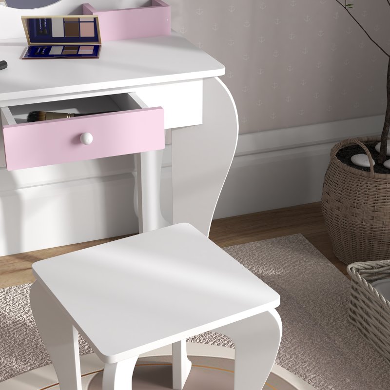 ZONEKIZ Kids Dressing Table Kids Vanity Table Girls Dressing Table with Mirror and Stool, Drawer, Storage Boxes, Unicorn Design, for Toddles Ages 3-6 Years - White and Pink