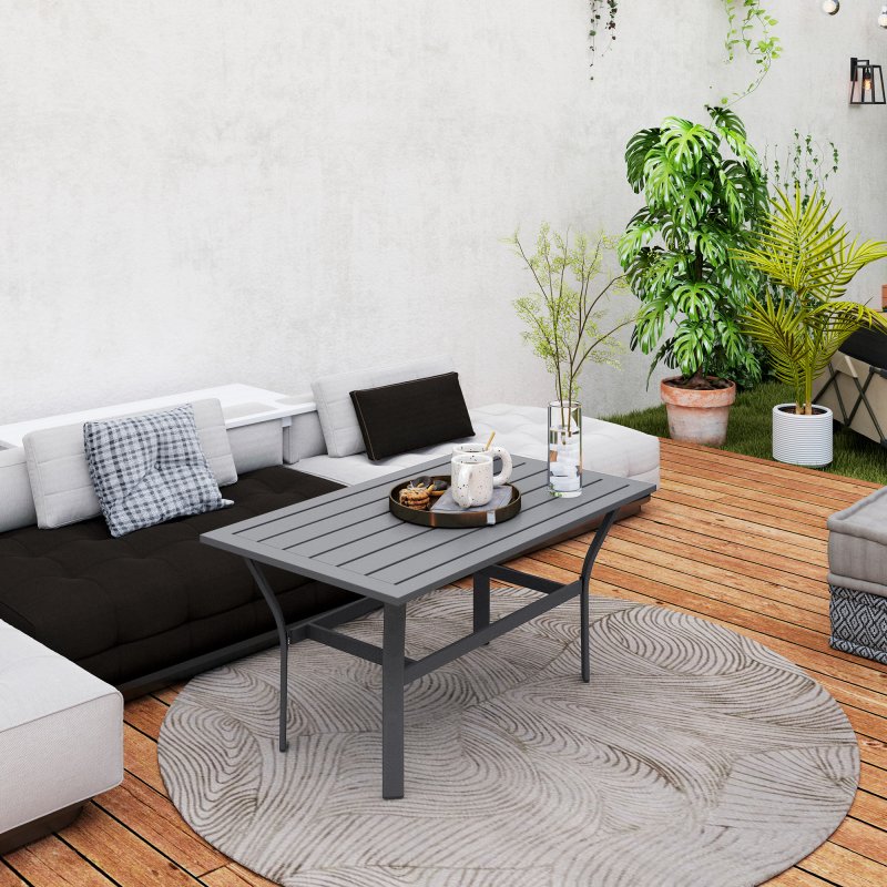 Outsunny Metal Garden Coffee Table, Rectangular Outdoor Side Table with Slatted Tabletop, Foot Pads for Outside, Garden, Balcony, Porch, 91.5 x 55 x 45cm, Dark Grey