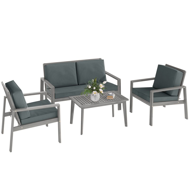 Outsunny 4 Pieces Garden Furniture Set with Cushions, Wooden Garden Sofa Set with 1 Loveseat, 2 Armchairs and 1 Coffee Table, Outdoor Table and Chairs for Conservatory, Balcony, Patio, Light Grey