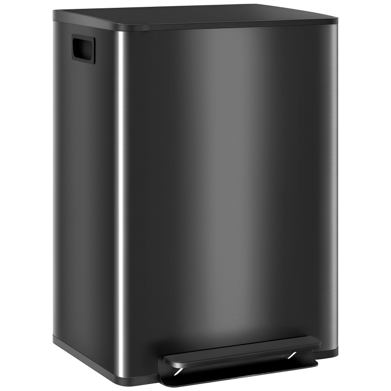 HOMCOM Dual Kitchen Bin, 2 x 30L Stainless Steel Double Pedal Bin with Soft-Close Lid, Removable Inner Buckets and Handles for Recycling and Waste
