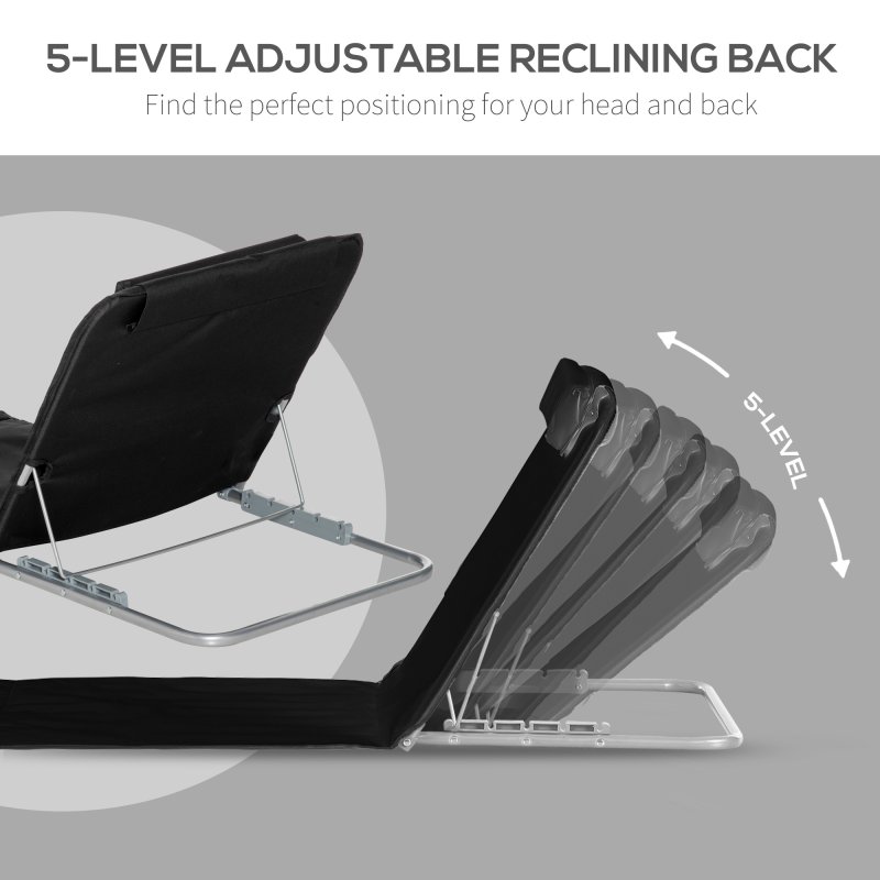 Outsunny Set of 2 Foldable Garden Beach Chair Mat Lightweight Outdoor Sun Lounger Seats Adjustable Back Metal Frame PE Fabric Head Pillow w/ Carry Bag, Black