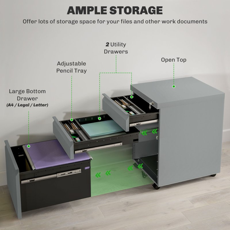 Vinsetto 3-Drawer Filing Cabinet with Lock, Mobile Steel File Cabinet for A4, Legal and Letter Size, Under Desk Drawers with Pre-Assembled Body for Home Office, 39 x 48 x 60 cm, Grey