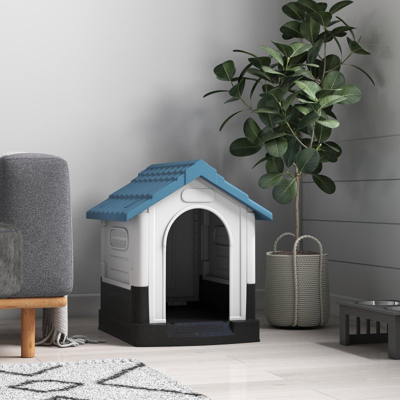 PawHut Dog Kennel for Outside, Plastic Dog House, Water-Resistant Pet Shelter with Windows, for Garden Patio, Miniature Dogs, 64.5 x 57 x 66cm - Blue