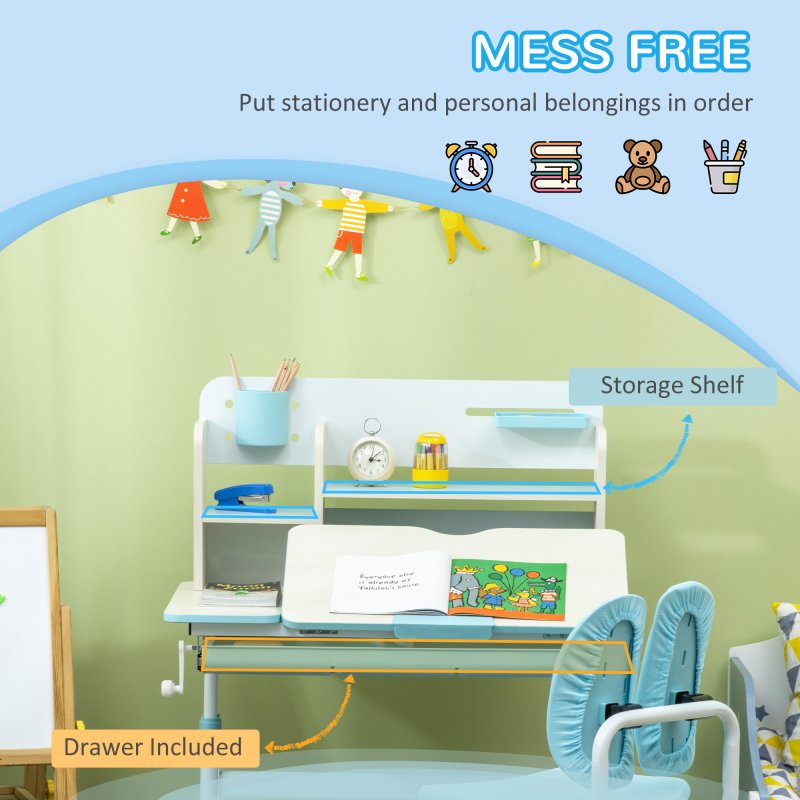 HOMCOM Kids Desk and Chair Set, Height Adjustable Kids Study Table and Chair Set with Storage Shelves, Washable Cover, Anti-Slip Mat, for Ages 3-12 Years - Blue
