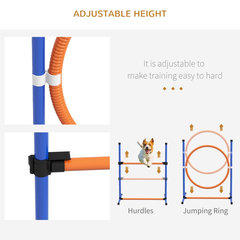 PawHut Dog Agility Equipment Set, 8 Piece Outdoor Agility Kit w/ Weave Poles, Adjustable High Jump Ring, Hurdle, Pause Box, Tennis Balls, Whistle, Training Shorts, Carrying Bag, for Dogs - Orange