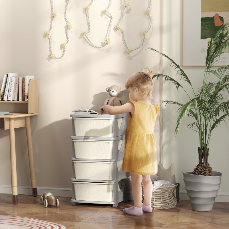 HOMCOM Kids Storage Units with 4 Drawers 4 Tier Chest Vertical Dresser Tower Toy Organiser for Nursery Playroom Kindergarten Cream