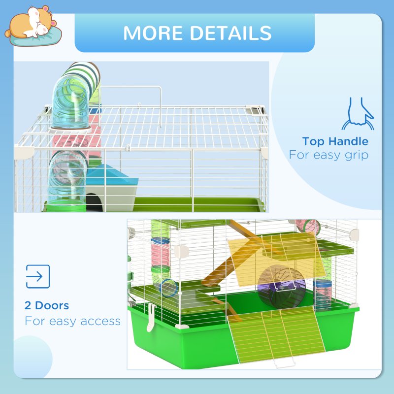 PawHut 5 Tier Hamster Cage, Gerbil Cage with Tube, Water Bottle, Exercise Wheel, Food Dish, 59L x 36W x 69H cm - Green