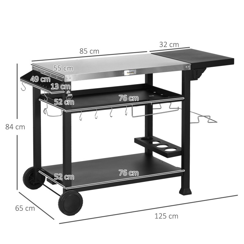 Outsunny Outdoor Grill Dining Cart with Foldable Side table, Stainless Steel Top, Portable BBQ Trolley with 2 Wheels, 6 Hooks, 3-Shelf Movable Food Prep Pizza Oven Table for Kitchen, Patio, Garden