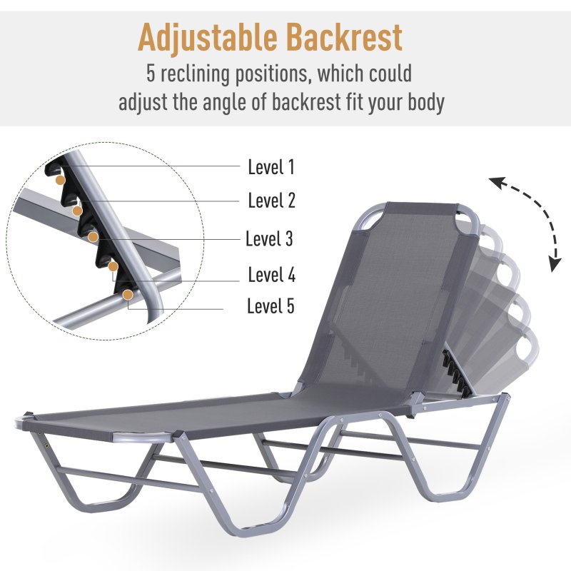 Outsunny Sun Lounger Relaxed Recliner with 5-Position Adjustable Backrest Aluminium Frame for Pool or Sun Bathing Light Grey