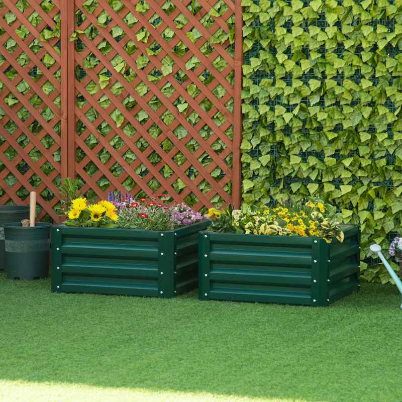 Outsunny Set of 2 Raised Garden Bed, Outdoor Planter Box with Galvanised Steel Frame for Growing Vegetables, Flowers and Herbs, 60 x 60 x 30.5 cm, Green
