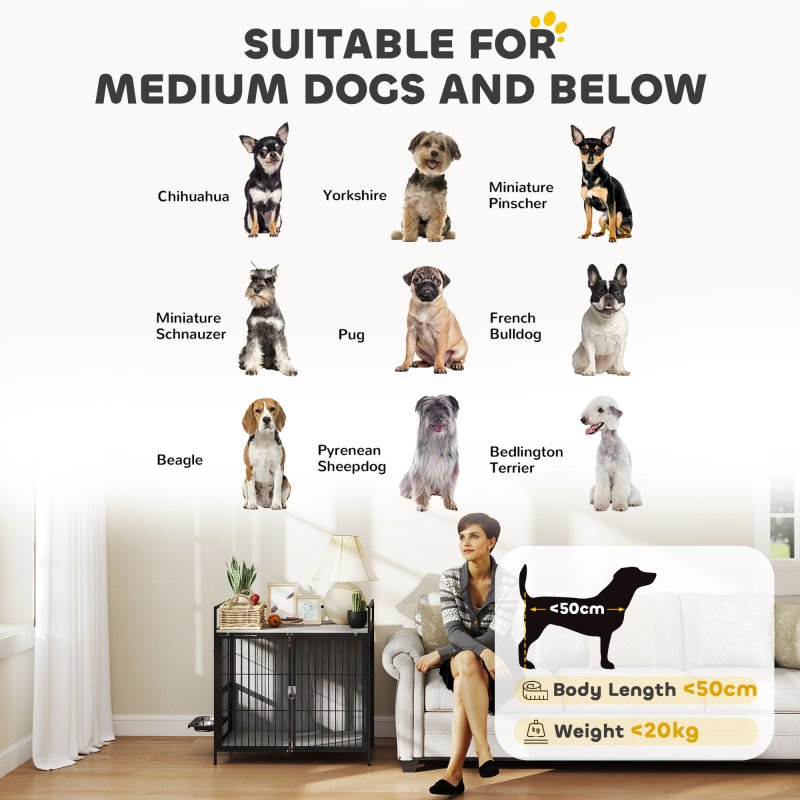 PawHut Dog Crate Furniture with 2 Rotatable Bowls, Dog Crate End Table with 2 Anti-Escape Doors, Storage Shelf, for Medium Dogs, 80 x 56 x 76.5 cm, Grey